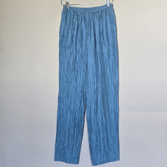Vintage 80s 100% Silk Washable Blue Crinkle Wide-Leg Pull-On Pants Pockets M - Picture 1 of 7